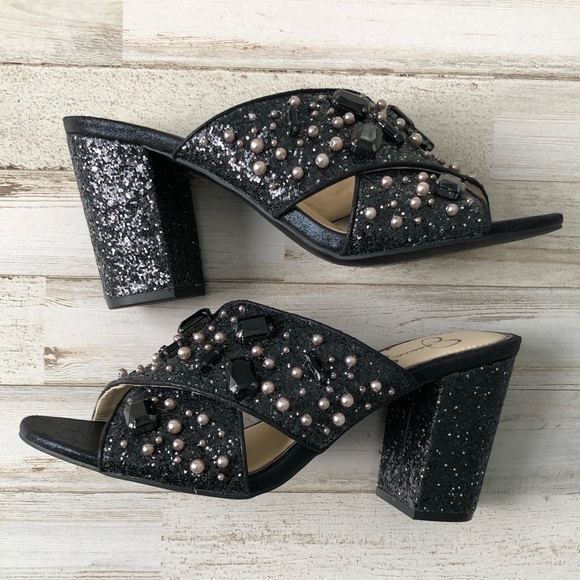 Jessica Simpson Rizell Black Chunky Glitter/Shimmer Slides Block Heel Size 8 - Picture 7 of 9